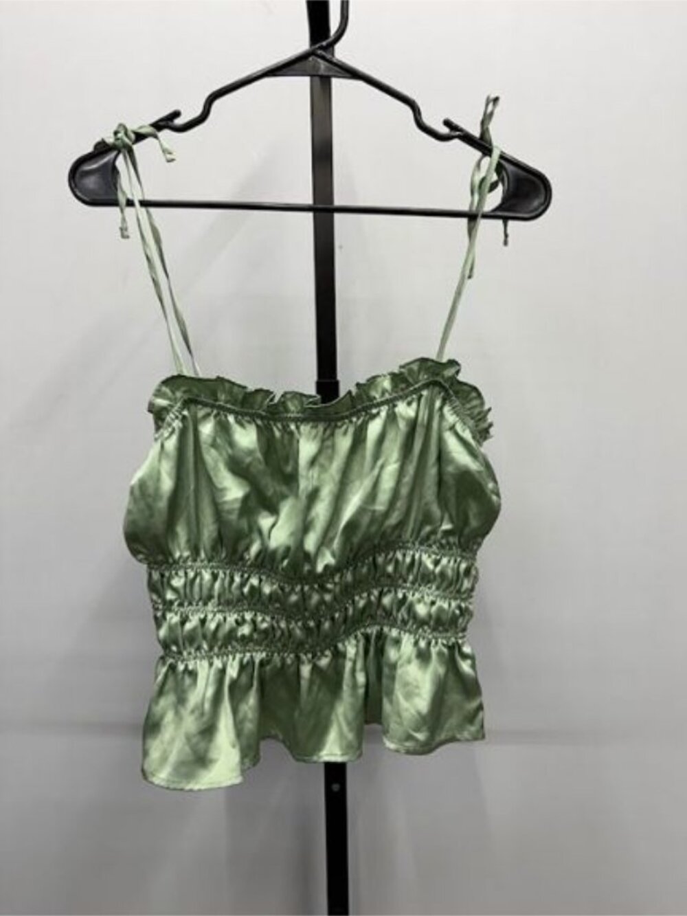 Mi Ami Sage Green Satin Ruffle Ruched Tie Tank